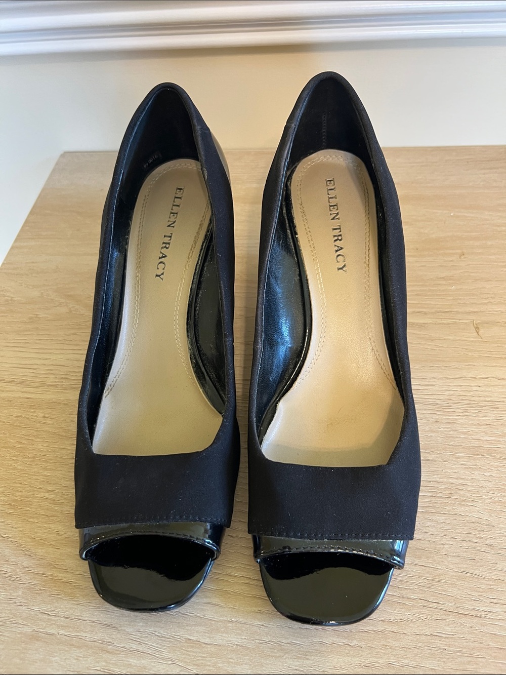 Ellen Tracy Black Peep-Toe Wedge Heels with Patent Trim